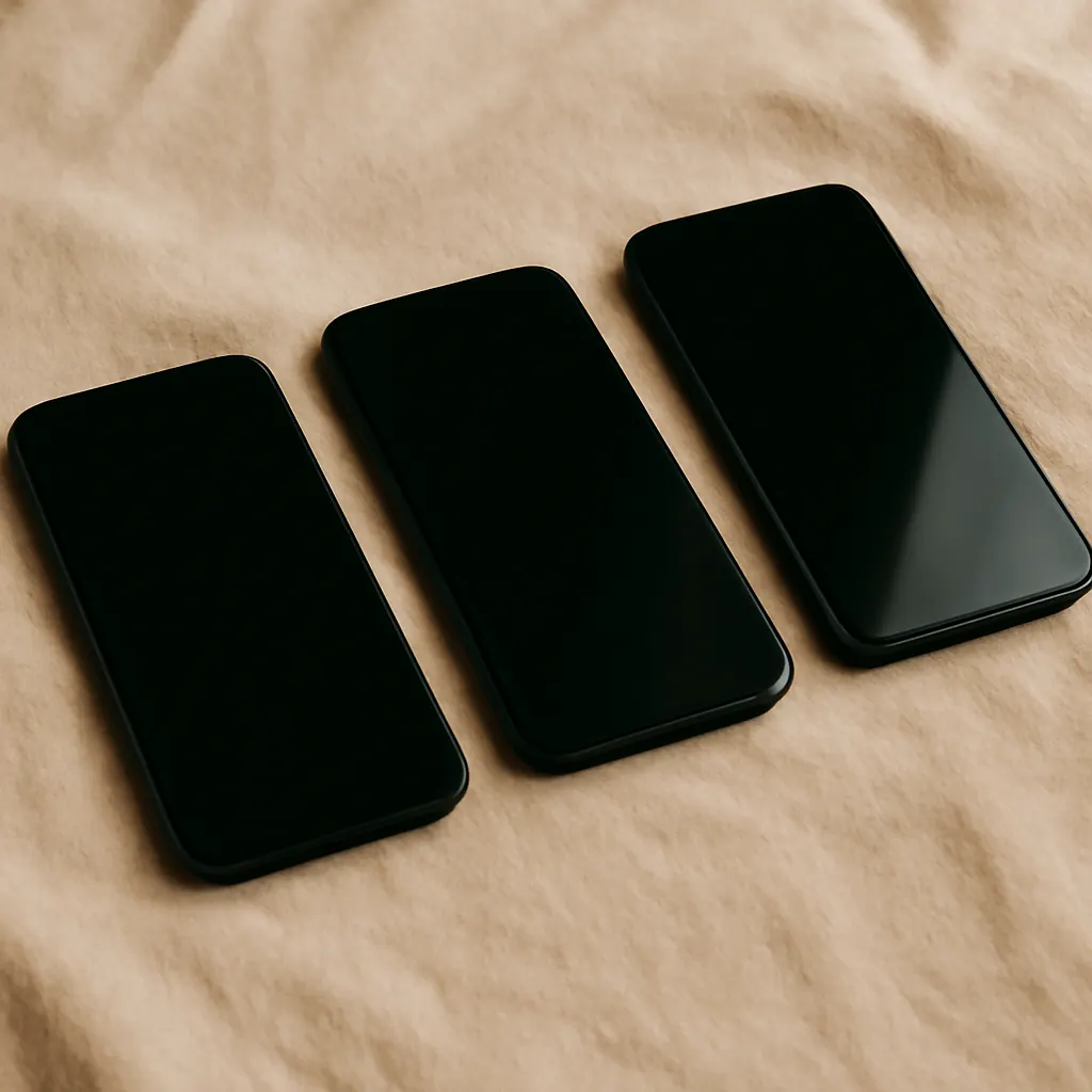 Three blank phones lying in a row on warm oat fabric