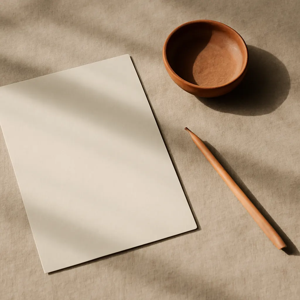 A sheet of paper, a pencil and a ceramic dish on warm linen in raking afternoon light