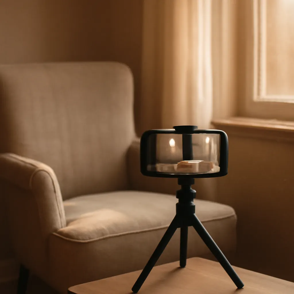 A phone on a tripod facing an empty linen armchair in warm afternoon light
