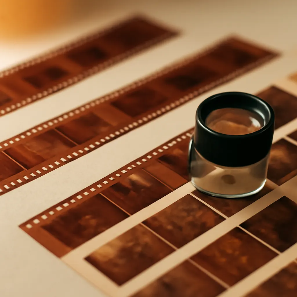 35mm film negatives and a contact sheet on a bone-white table under warm lamp light